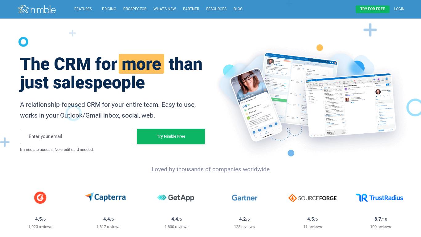 A G2 Crowd Market Leader, Nimble helps you build relationships everywhere you engage -- from your inbox to across the web. Try it free - no credit card required.