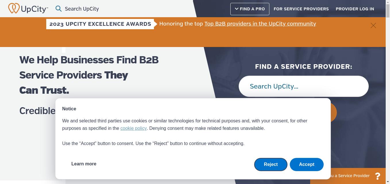 The given text is a list of top B2B service providers in the United States, including advertising agencies, web design providers, and SEO providers. The text also mentions the annual UpCity national and local excellence awards, which recognize outstanding providers in the market. The winners of the 2023 excellence awards in the US, Canada, UK, and Australia are listed. The text encourages readers to browse categories to find a trustworthy provider among the 50,000+ options.
