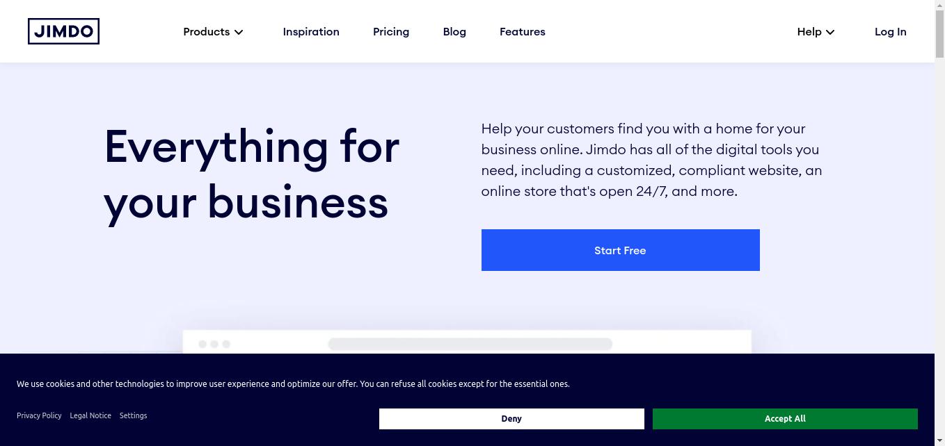 Try Jimdo, the all-in-one small business solution. Websites, online stores, bookings, logos, SEO, analytics, domains, and hosting.