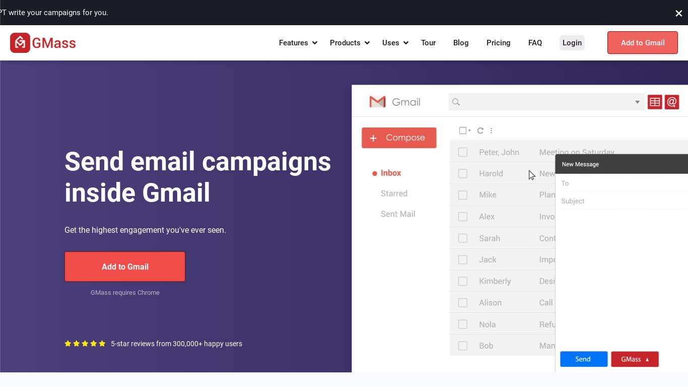 GMass allows you to easily schedule emails, send out mass emails and mail merge campaigns and more with Gmail! Click here to learn about more features!