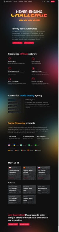 Cpamatica  - is a global performance marketing agency. We specialize in Affiliate and CPA marketing. We help brands grow faster than ever before, thanks to thousands of affiliates and in-house media buying agency. We deliver high-quality traffic and give access to top paying affiliate programs.